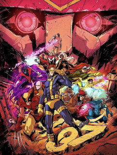 Power Rangers team assembled in action poses beneath a giant red robot, comic book illustration style