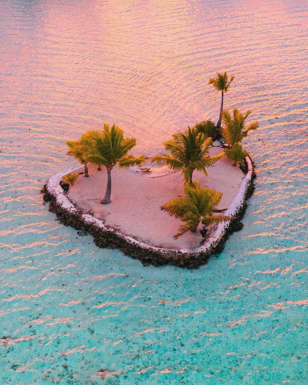 Aerial view of tiny heart-shaped tropical island with palm trees surrounded by turquoise ocean at sunset
