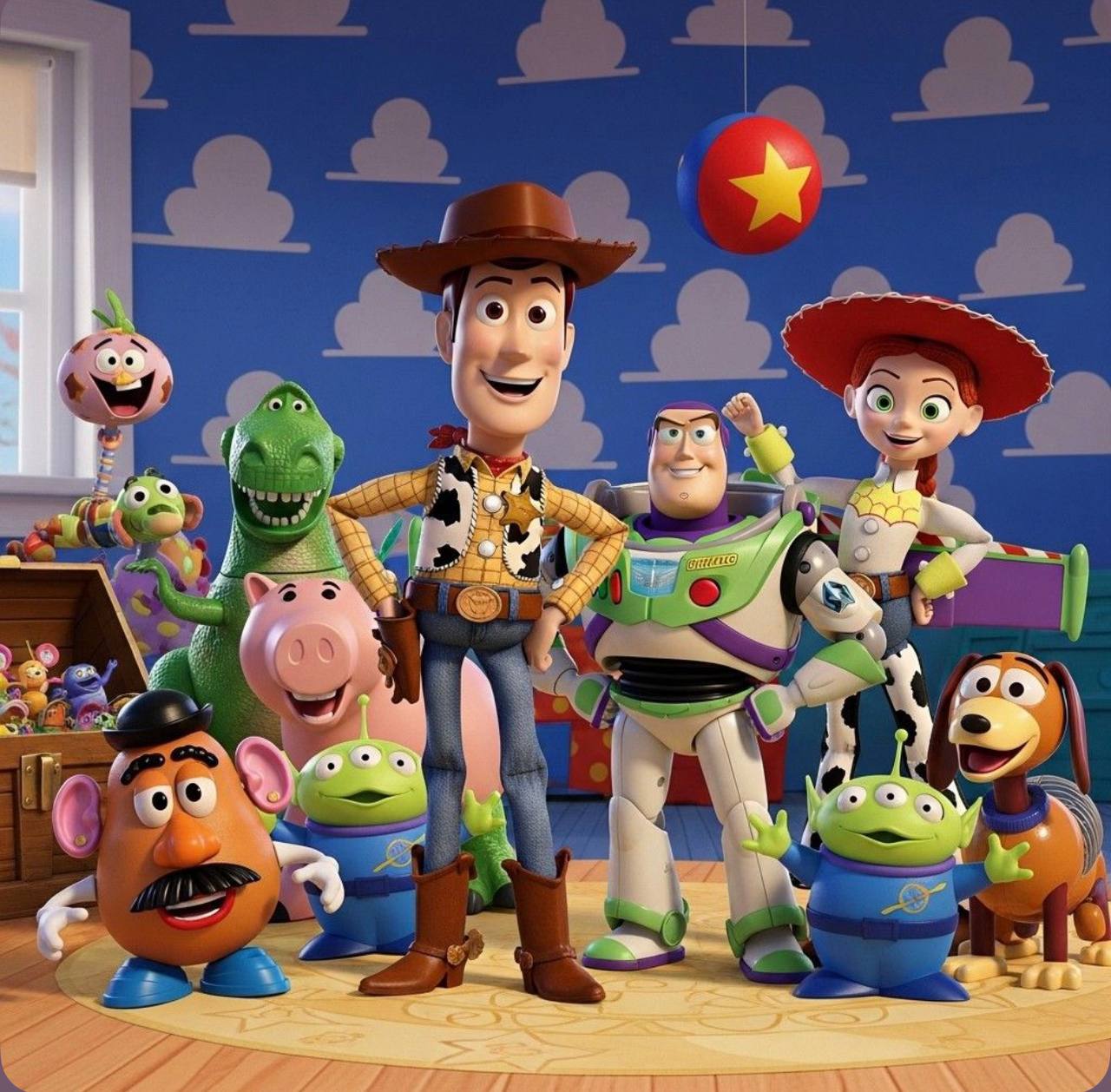 Toy Story characters including Woody, Buzz Lightyear, Jessie, Rex and Hamm in Andy's room