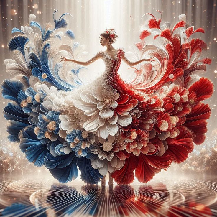 Woman in ornate dress with symmetrical blue and red floral wing patterns