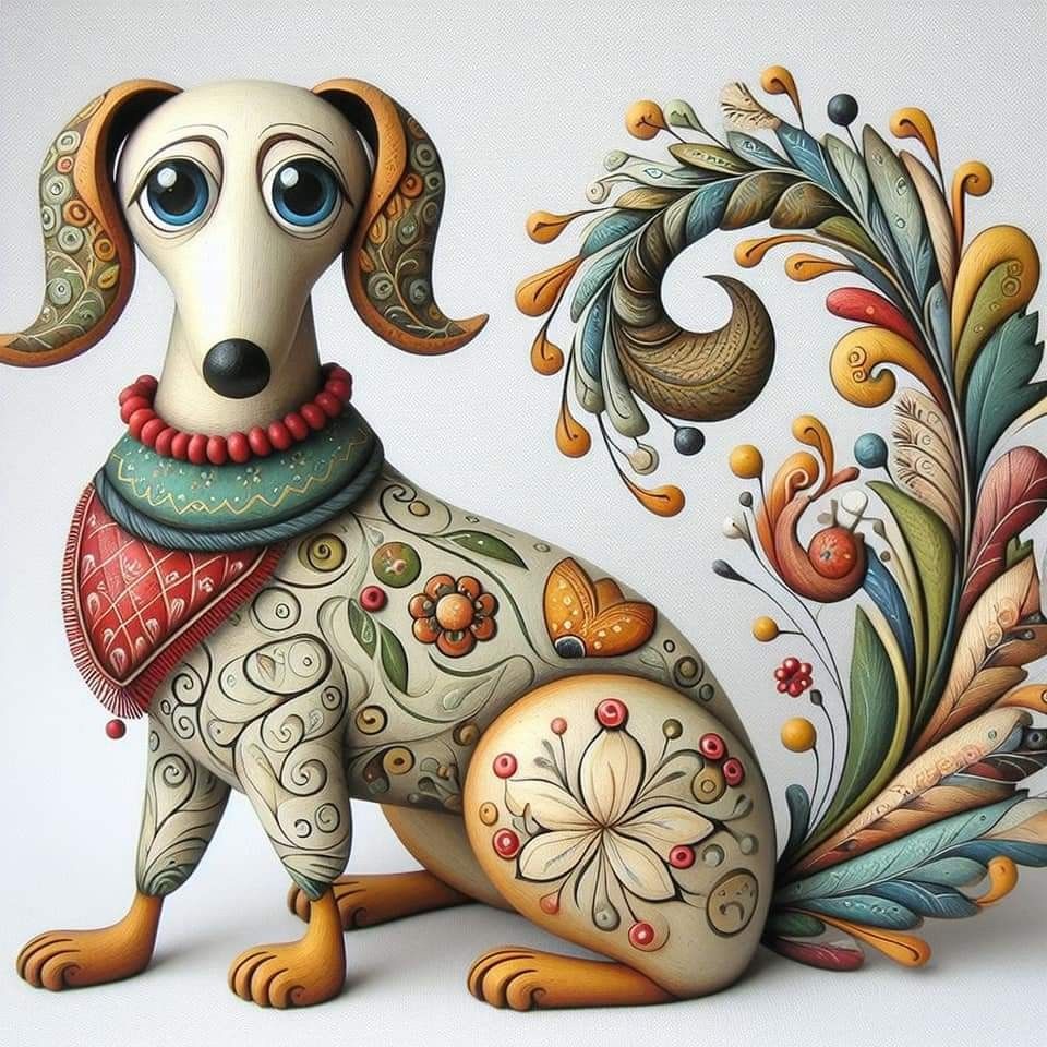 Stylized dog with large eyes decorated in colorful folk art patterns and swirling floral designs