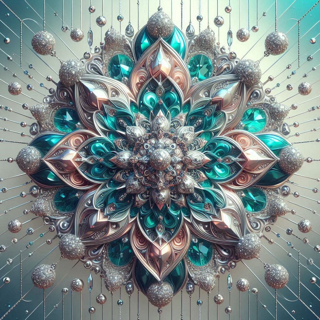 Detailed metallic mandala in teal, silver, and rose gold on a textured abstract background