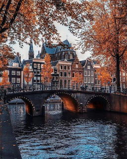 Amsterdam canal with bridge, traditional buildings, and orange autumn trees reflected in water