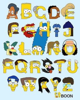 The Simpsons characters arranged to form the letters of the alphabet A-Z on a light blue background