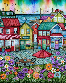 Colorful illustrated seaside village with bright houses, flowers, patio tables, and ocean view