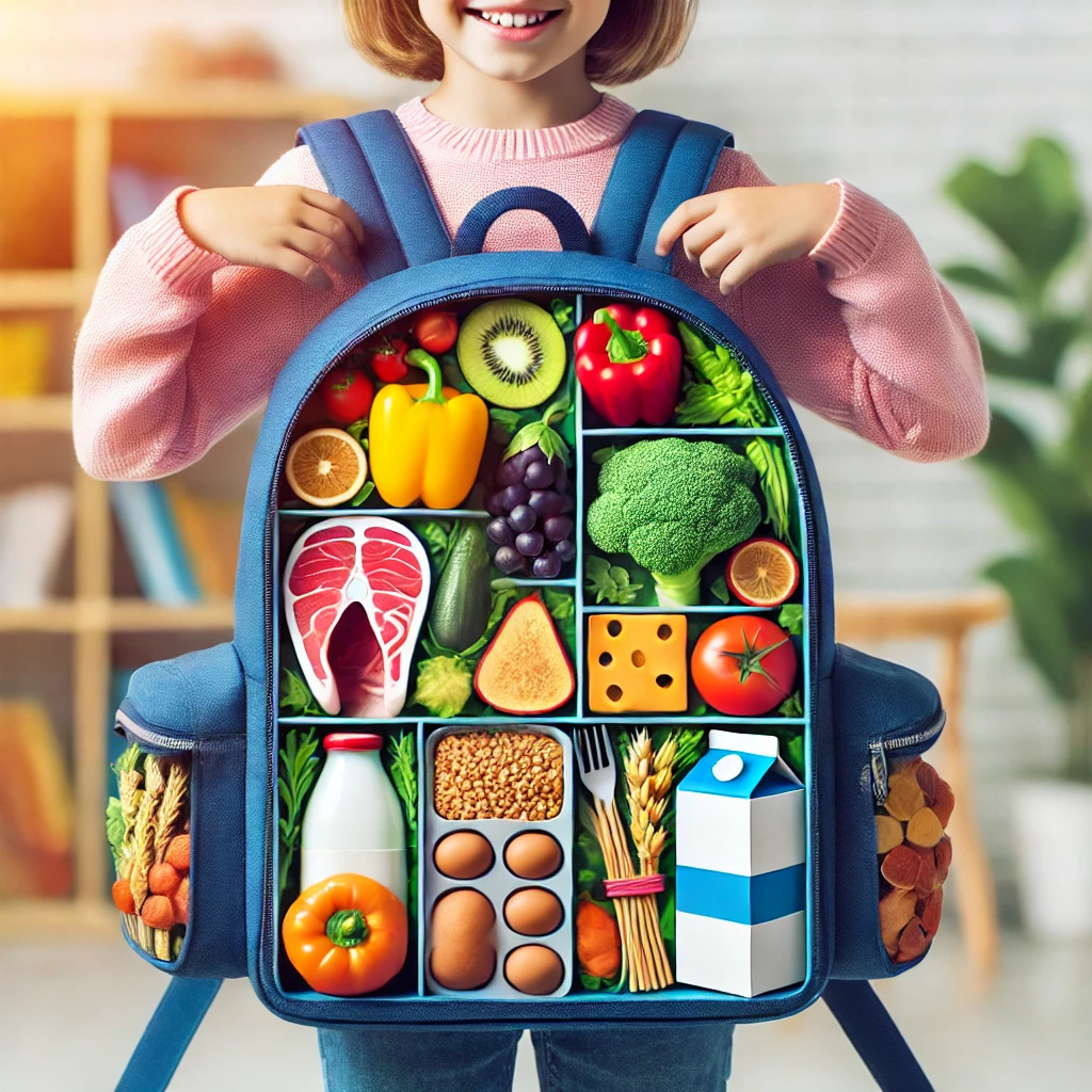 Child holding clear backpack with compartments of colorful healthy foods including fruits, vegetables, and protein