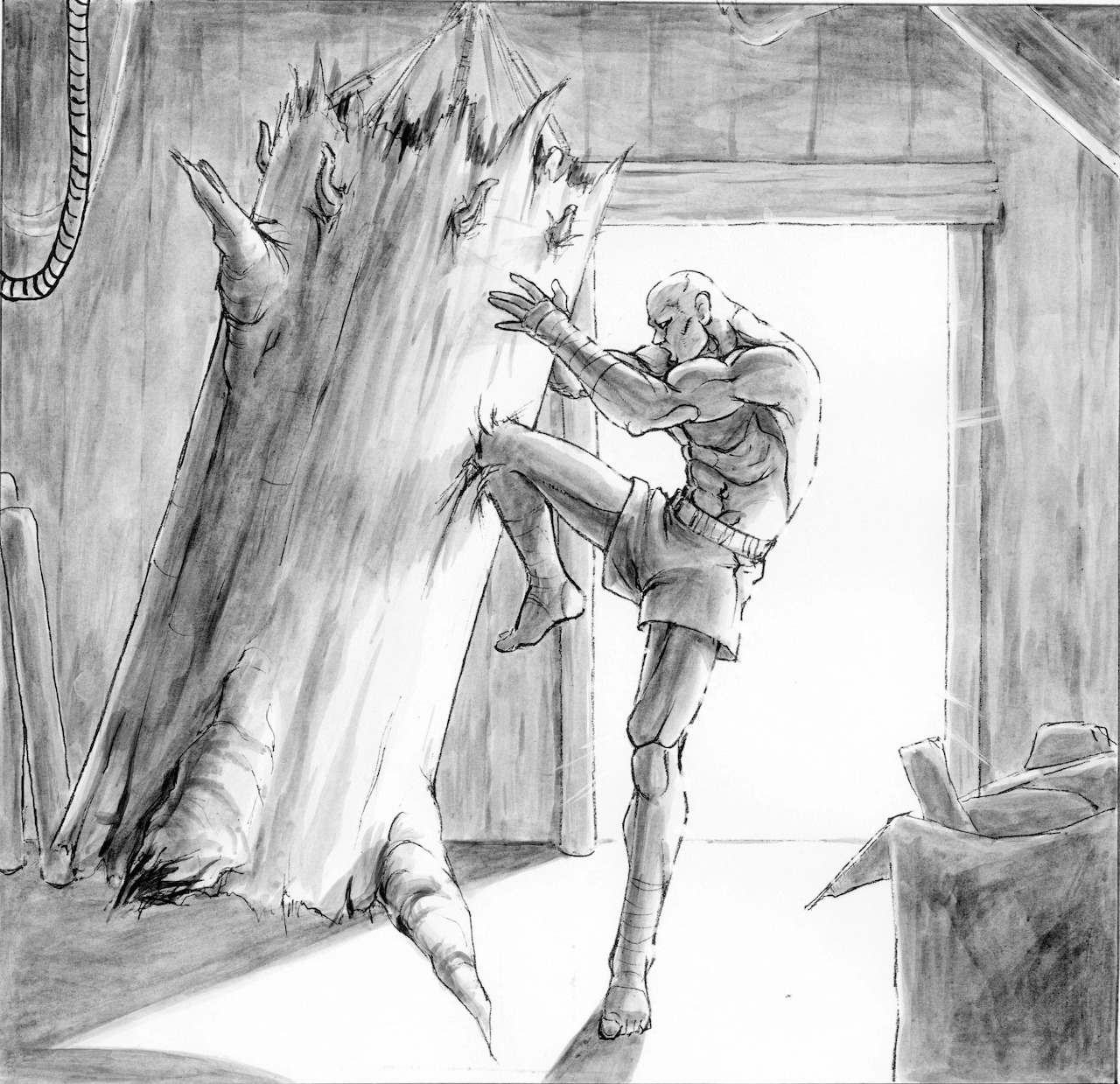 Black-and-white sketch of Sagat kicking a large tree trunk in a training room