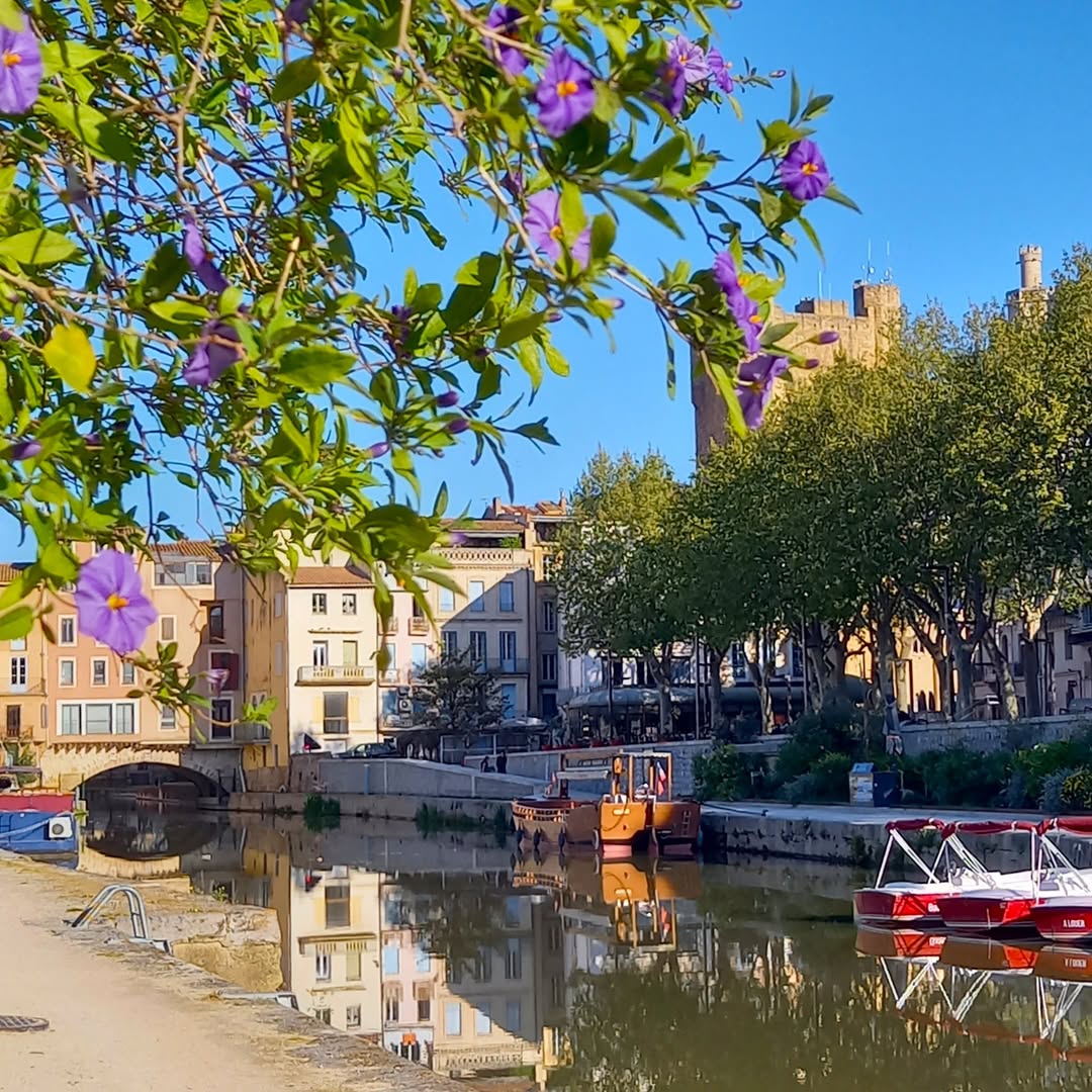 Canal with small boats, pastel buildings, trees, and purple flowers in the foreground