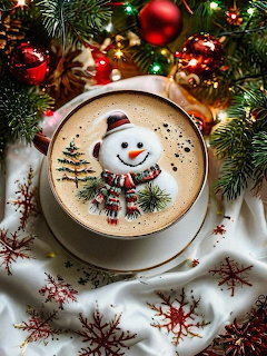 Coffee cup with snowman foam art surrounded by Christmas decorations and pine branches