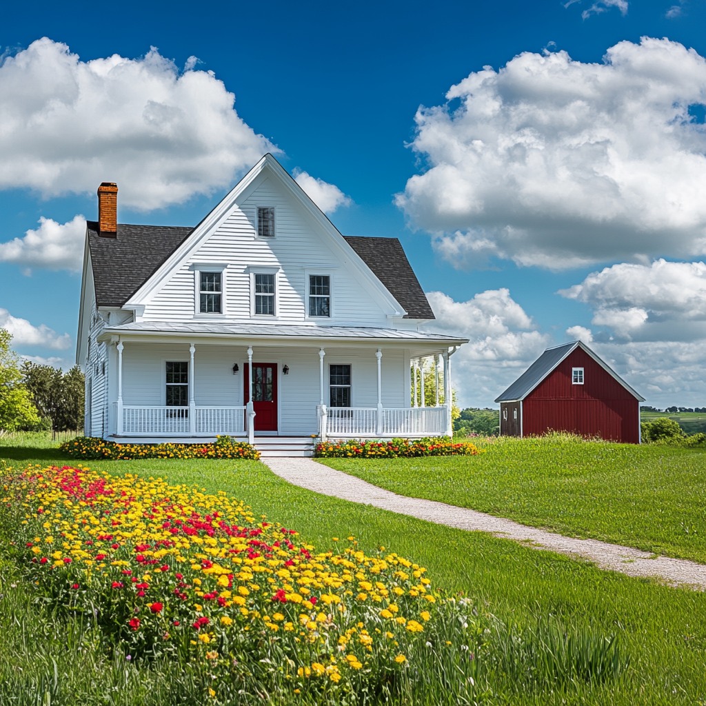 White farmhouse and red barn in sunny countryside with flower garden and blue sky