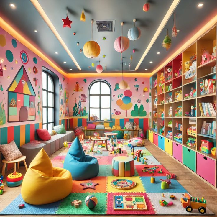 Colorful children's playroom with bean bags, toys, bookshelves, and bright wall decorations