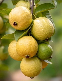 Cluster of yellow and green guava fruits hanging on a tree branch with green leaves
