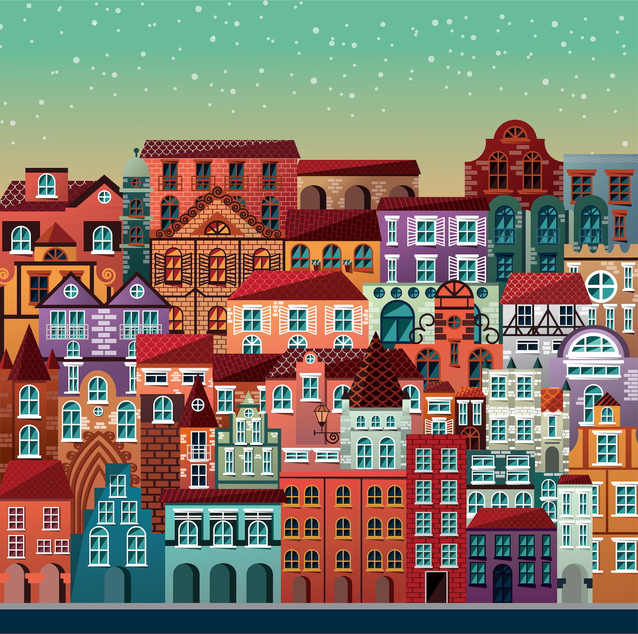 Illustration of colorful stacked buildings with varied architectural styles and patterned details in warm hues
