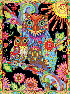Colorful illustrated adult owl and baby owl on a branch with flowers against a night sky