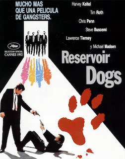 Reservoir Dogs movie poster with silhouettes walking, colorful drips, and blood spatters