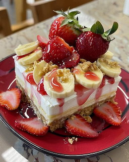 Slice of layered cake with strawberries, bananas, cream frosting and red sauce on red plate