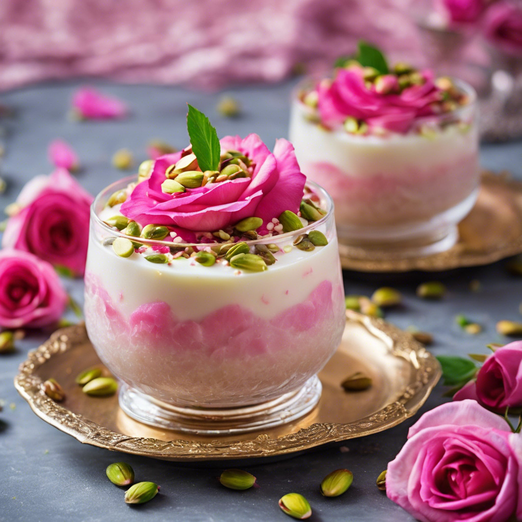 Rose dessert with pink petals and pistachios in glass cups surrounded by fresh roses