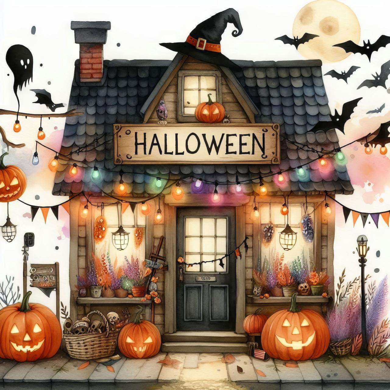Illustrated Halloween shop with jack-o'-lanterns, colorful lights, bats, and a full moon