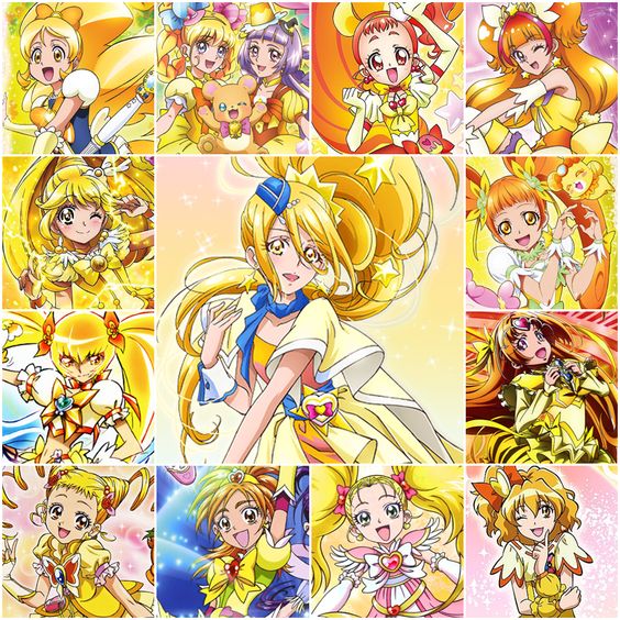 Anime collage of magical girls in yellow costumes with bright orange hair and sparkly backgrounds
