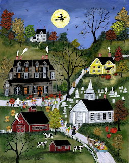 Folk art painting of a Halloween village with witch flying over full moon, autumn trees, houses, church and cemetery