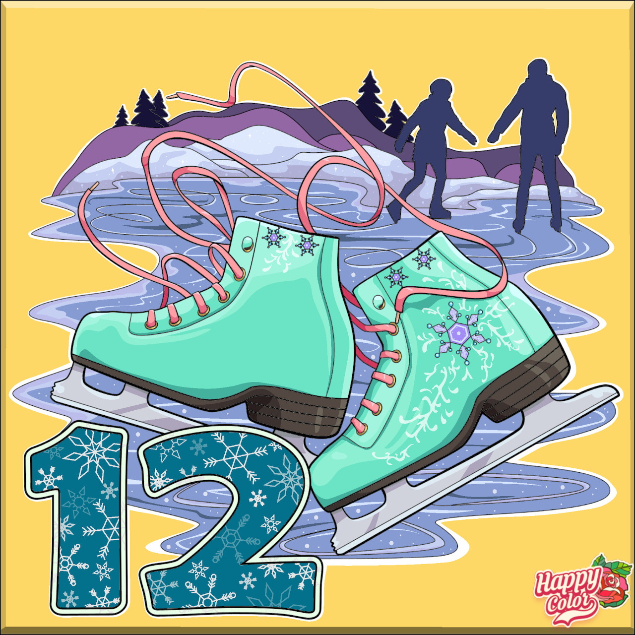 Illustration of mint green ice skates with snowflake designs on a frozen lake with skaters in the background