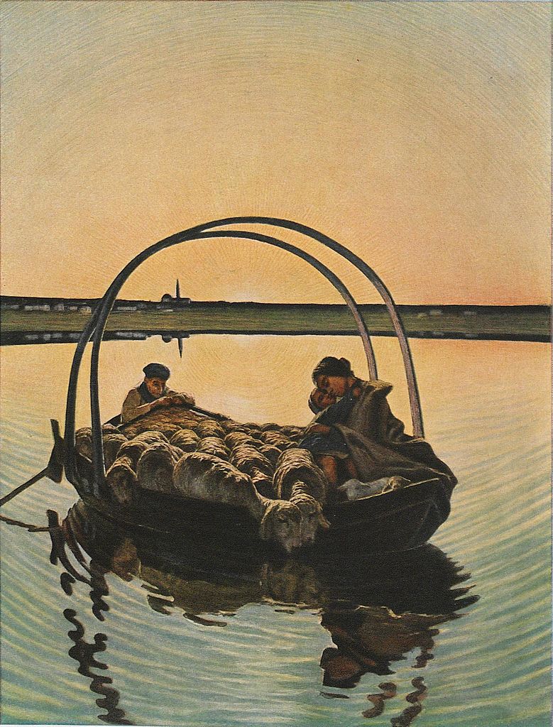 Two people in a covered boat crossing water at sunset with golden reflections