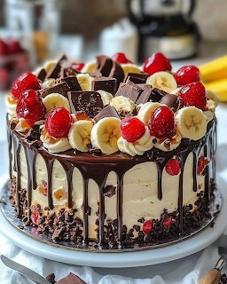 Chocolate drip cake topped with strawberries, banana slices, whipped cream, and chocolates
