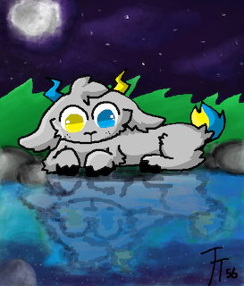 White creature with green hair resting by water at night under moon and stars
