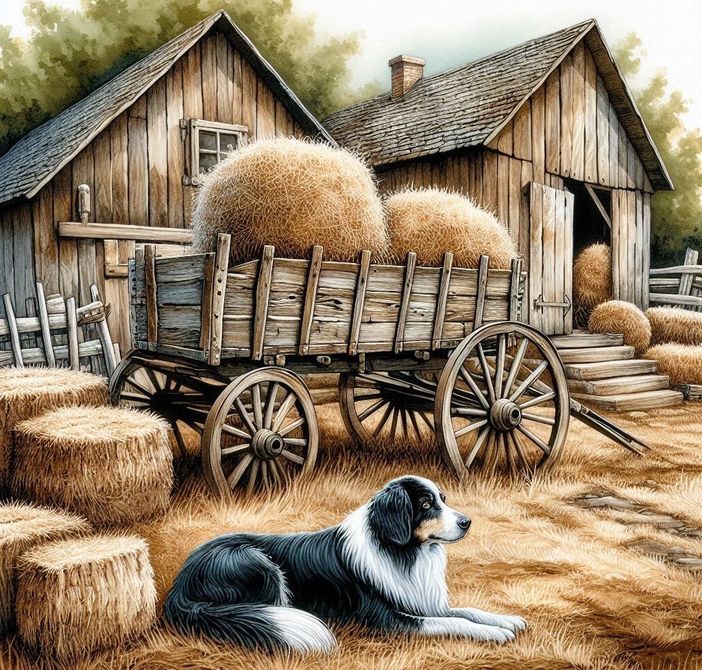 Border collie lying in front of a hay-filled wagon on a farm with old wooden barns in the background