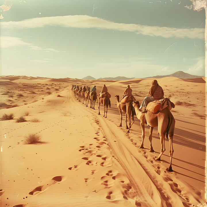 Line of camels and riders crossing sunlit desert dunes with long shadows