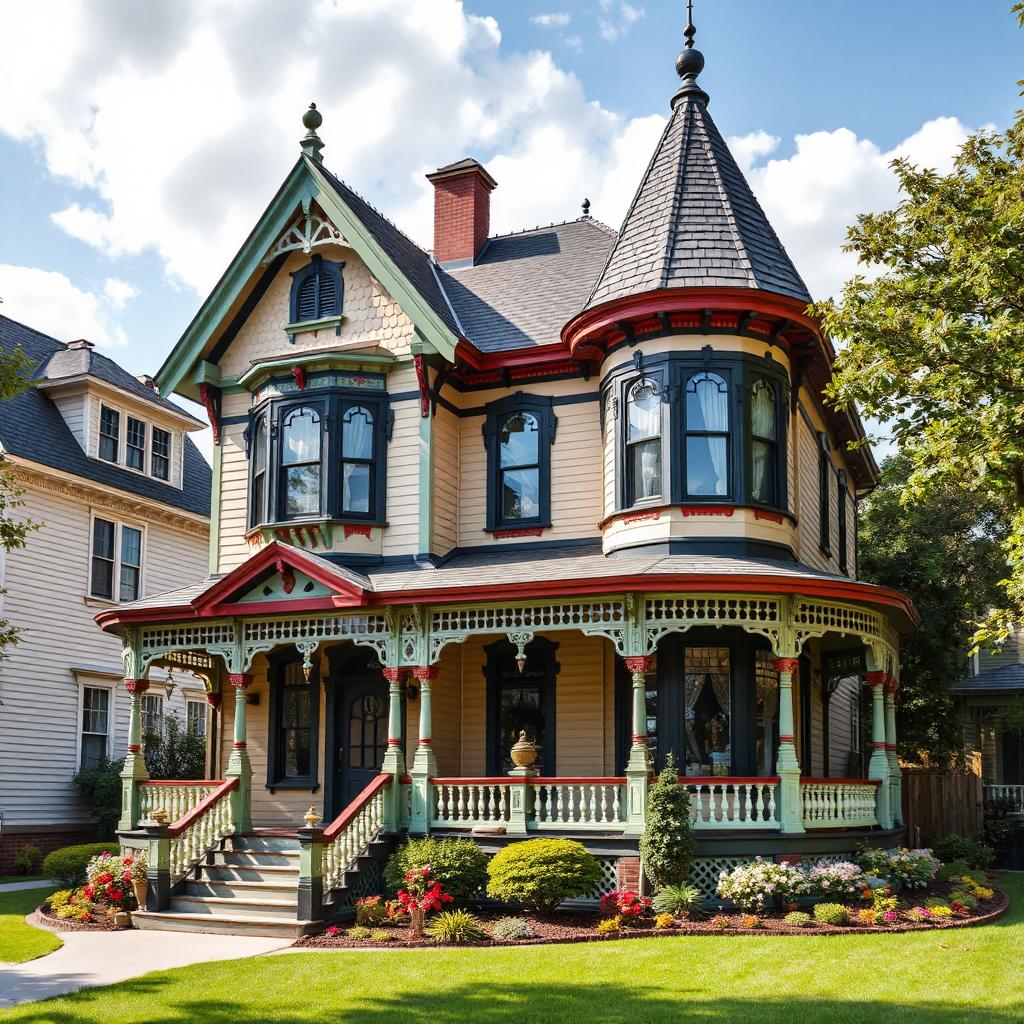 Victorian mansion with turret, wraparound porch, ornate architectural details, and green lawn