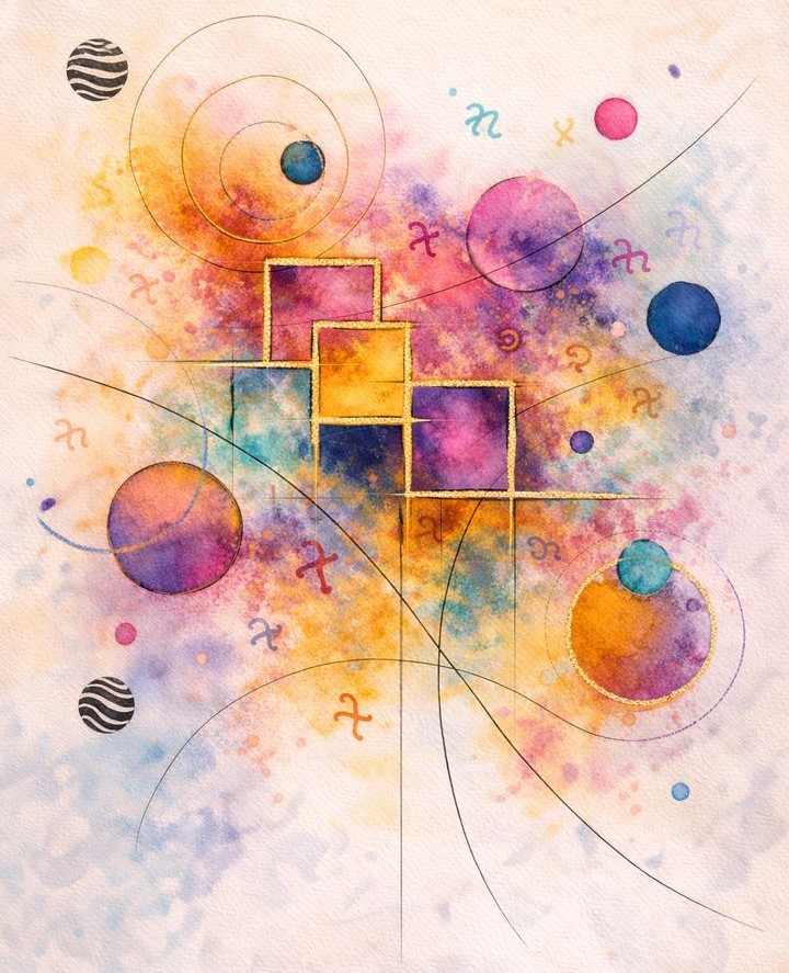 Colorful watercolor abstract with circles, squares, splashes, and thin curved lines