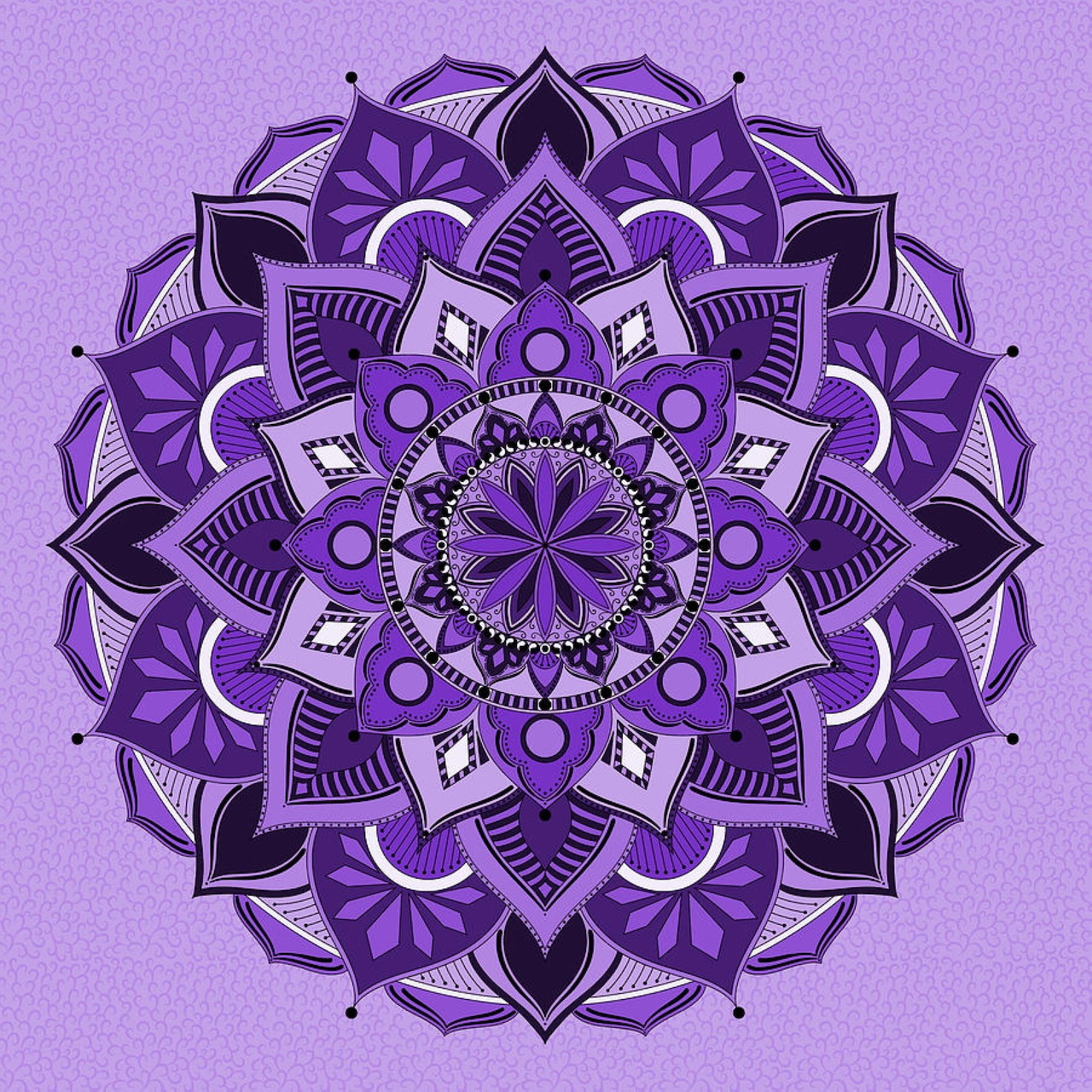 Purple mandala with intricate geometric floral patterns radiating symmetrically from center