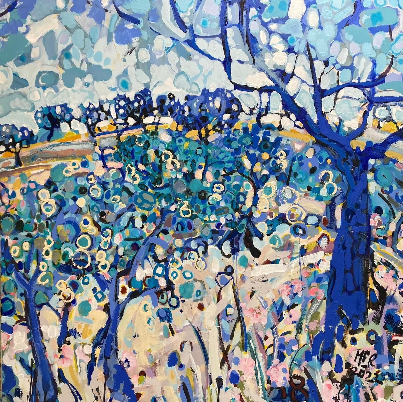 Abstract painting of blue tree with circular patterns and colorful dots against textured background