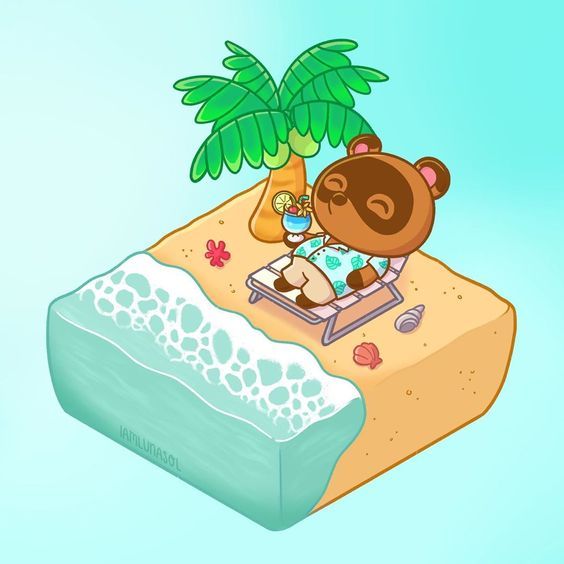 Tom Nook cartoon character relaxing on a beach chair under a palm tree on a small sandy island