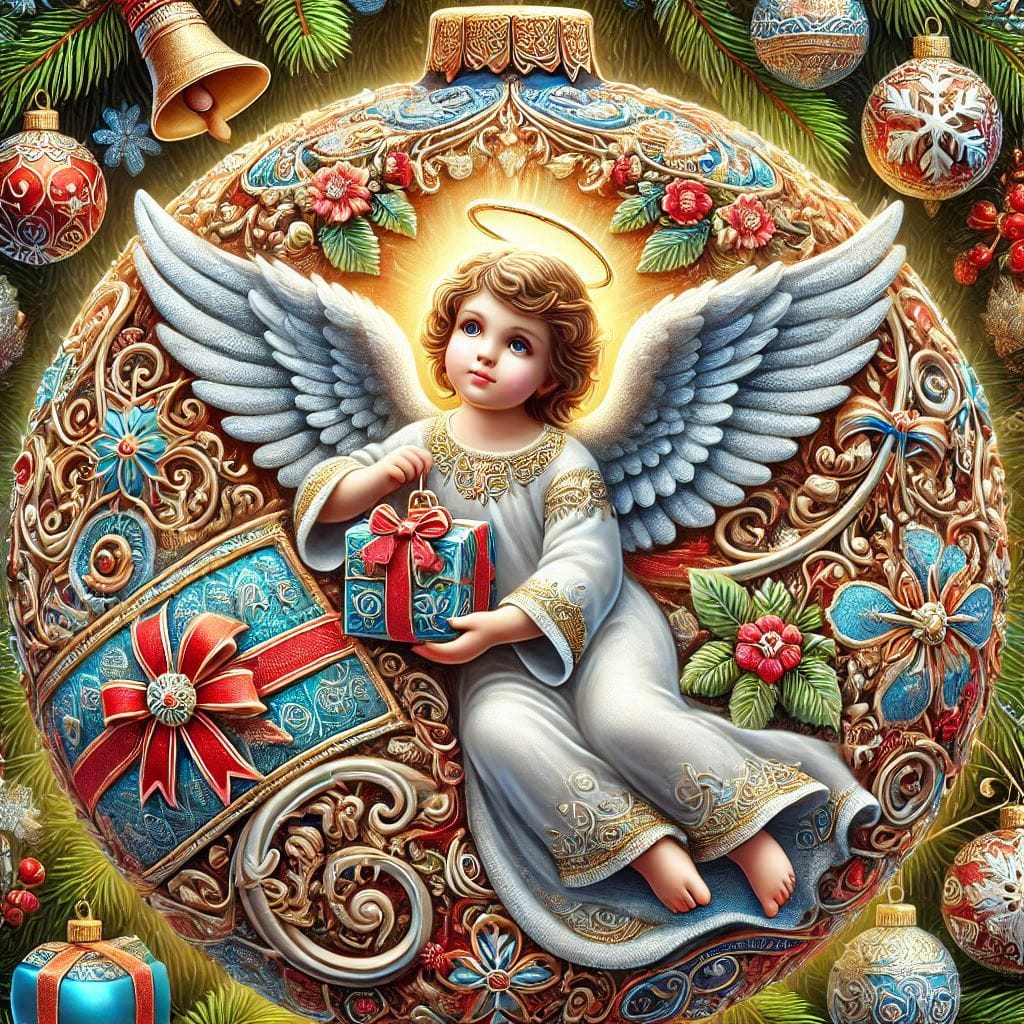 Decorative angel with wings holding red gift box, framed by Christmas ornaments and pine branches