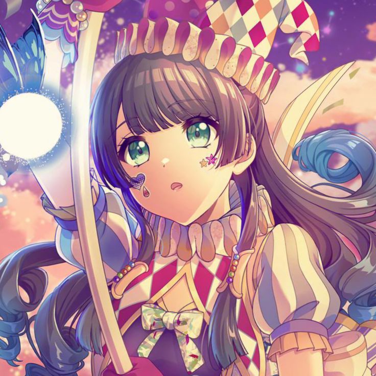 Anime character with brown hair and green eyes holding microphone against colorful background