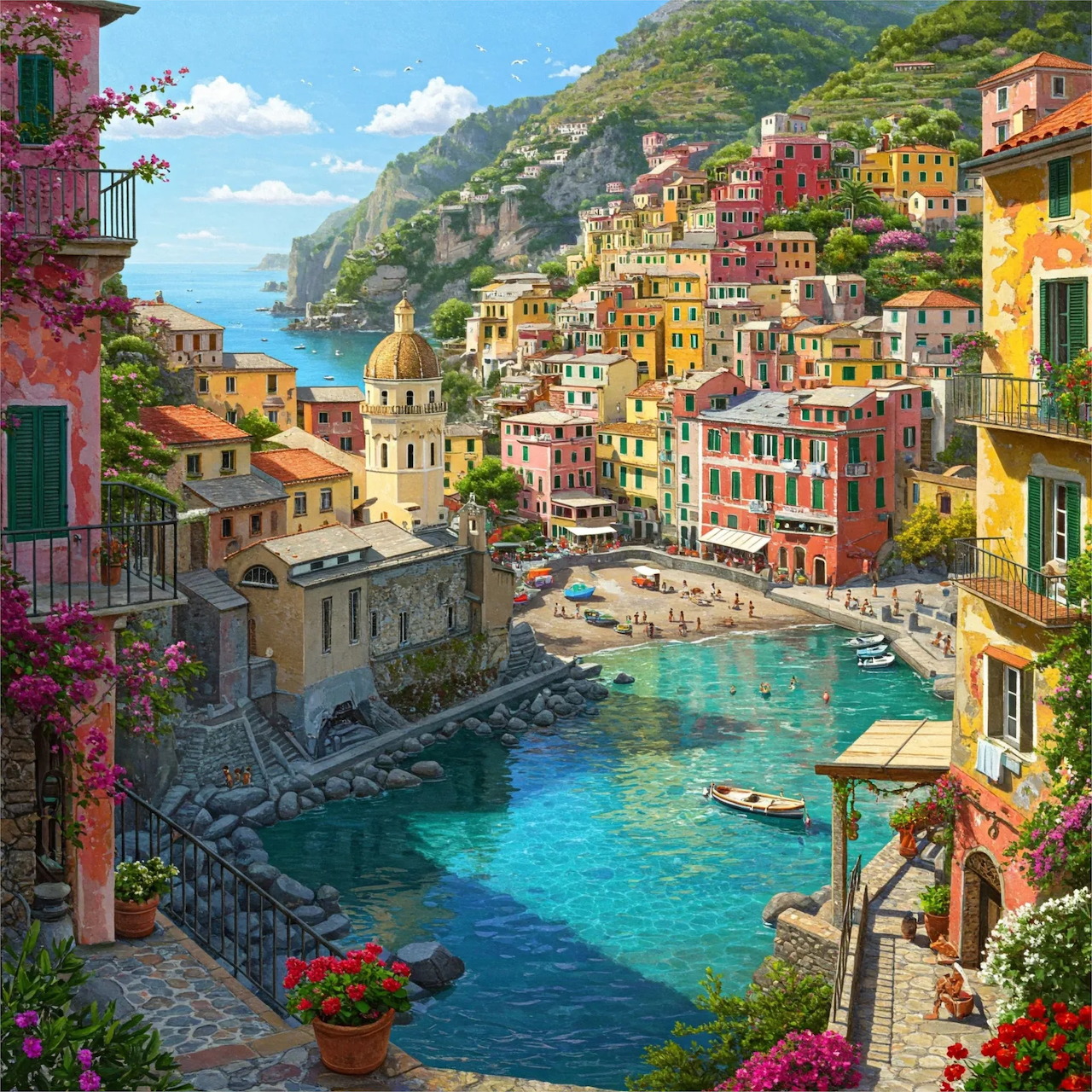 Colorful houses stacked on coastal cliffs overlooking blue harbor with boats and mountains