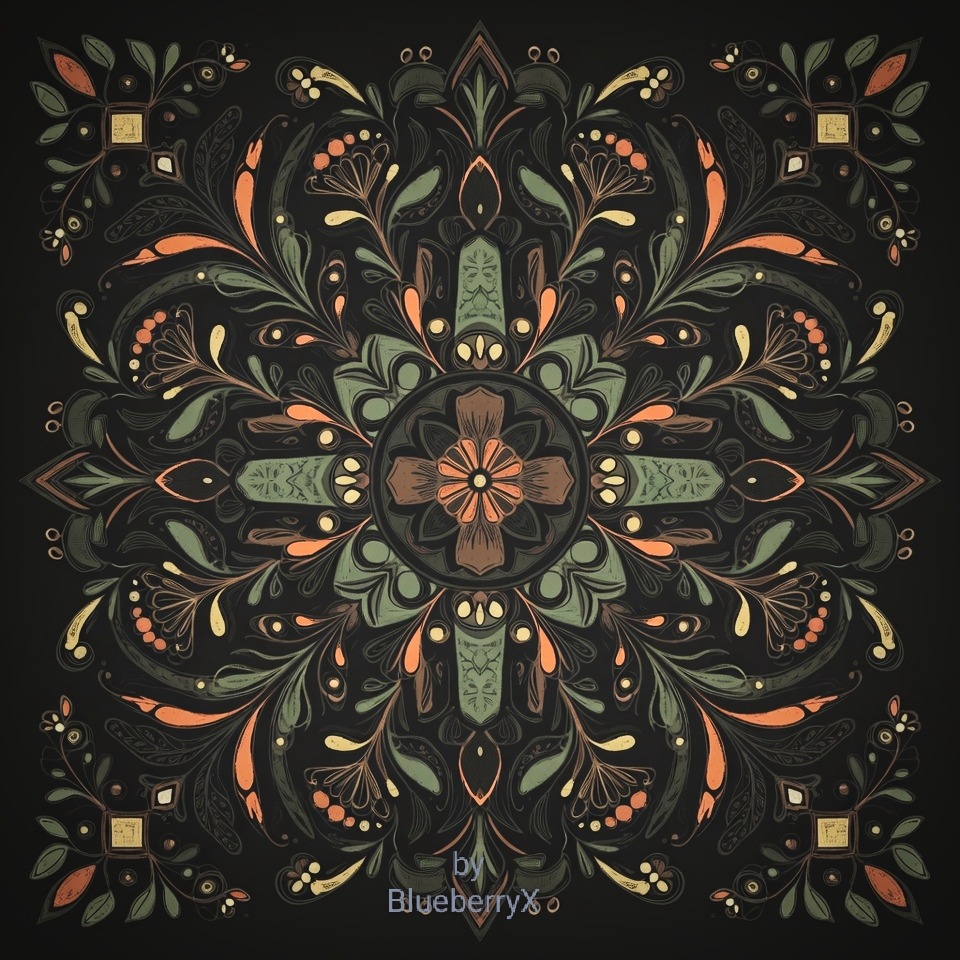 Symmetrical floral mandala with botanical ornaments in green, coral and gold tones on black background