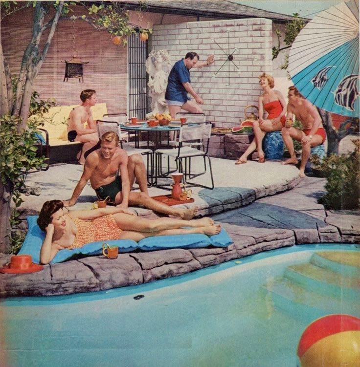 Vintage illustration of people lounging and socializing at a backyard pool party with a barbecue grill