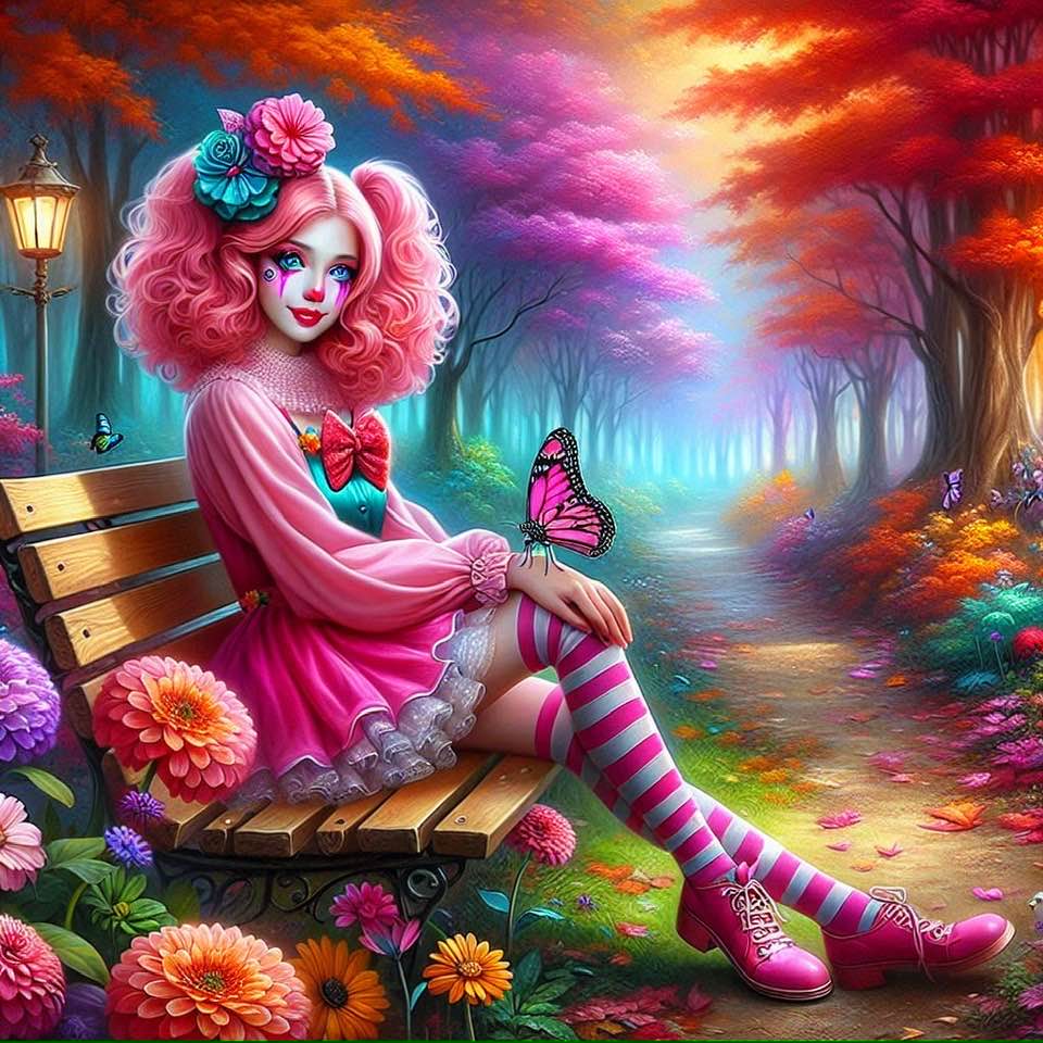 Fantasy girl with pink hair sitting on a bench in a colorful magical forest with flowers and butterfly