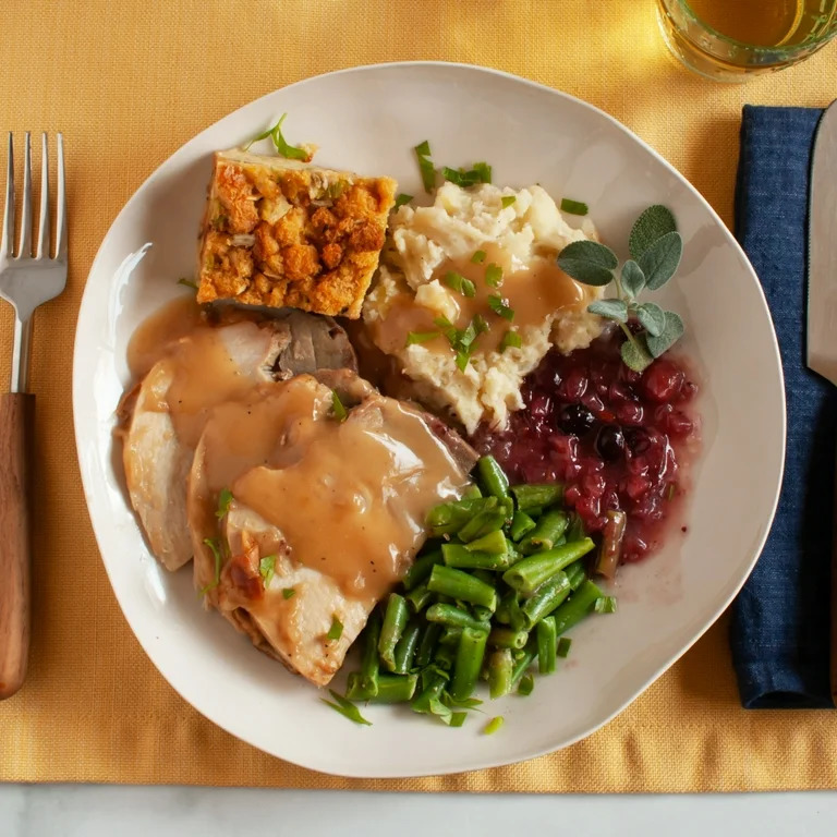 Overhead view of a Thanksgiving dinner plate with turkey, sides, and cranberry sauce
