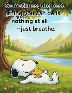 Cartoon of Snoopy hugging Woodstock on a green hill with trees and mountains, with inspirational text overlay
