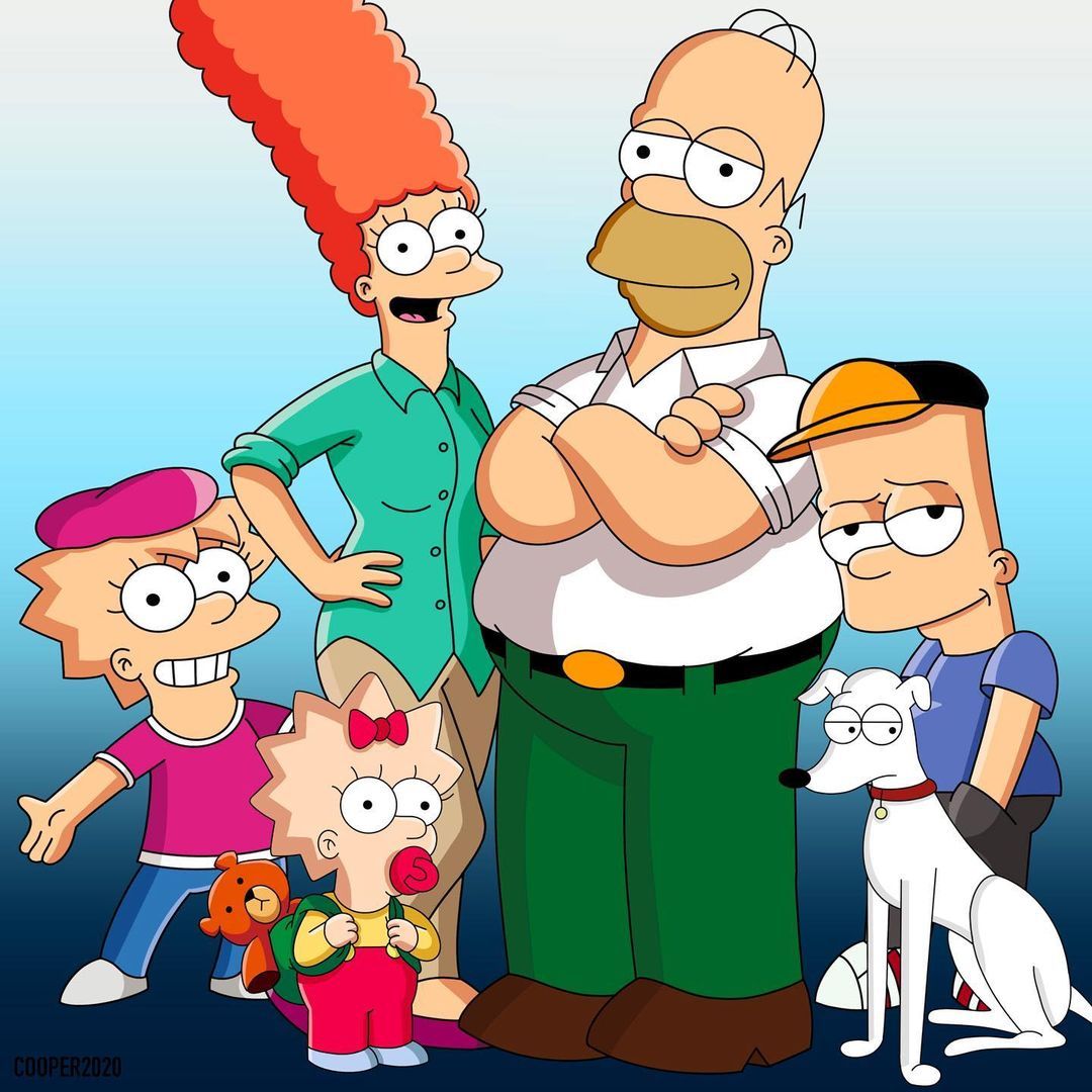 The Simpsons family of five cartoon characters posed together