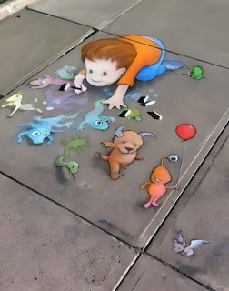 Chalk art on sidewalk showing a boy reaching toward colorful whimsical creatures and a red balloon