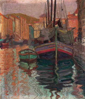 Expressionist painting of a small fishing boat on dark water by Egon Schiele