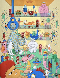 Colorful Adventure Time cartoon collage with multiple characters and whimsical scenes stacked in horizontal panels