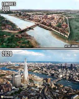 Split image comparing ancient Roman London with bridges and settlement to modern 2020 London skyline with The Shard