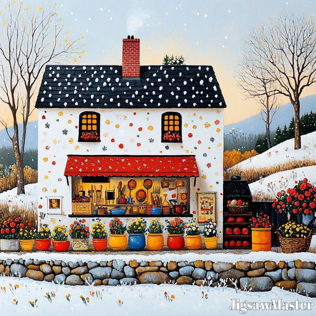 Colorful cottage shop with snow-covered roof, glowing windows, and winter village scene