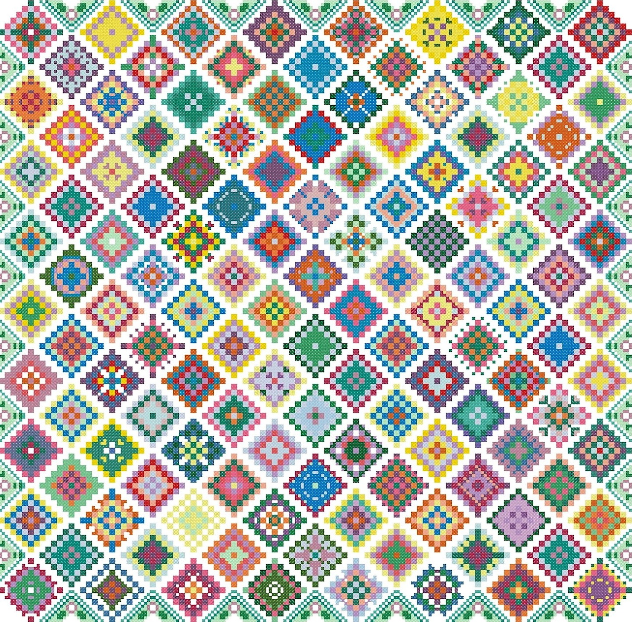Colorful grid of traditional granny square crochet motifs in various geometric patterns